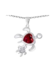 Original Star K (tm) Good Luck Mother and Child Turtle Pendant with Heart Shape Created Ruby in 925 Sterling Silver