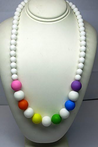 Chewable Teething Necklace for Teething Babies or Nursing Moms. White 9mm Beads on Top and 14mm Colorful Beads in Center Alternating with White Beads. Soft Silicone Food Safe Beads. BPA Free Non Toxic.