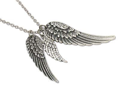 Gorgeous Triple Angel Wing Charm Necklace with Austrian Crystals Antique Silver Tone ~ X-Long Chain