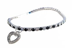 Anklet - A36 - Swarovski (tm) Crystal - Stretch ~ Black and Clear with Heart Charm (9-1/2")