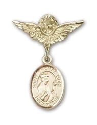 14K Gold Baby Badge with St. Thomas More Charm and Angel with Wings Badge Pin