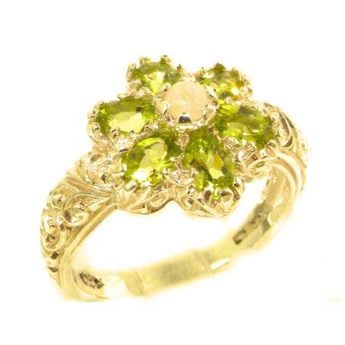 Solid English Yellow Gold Fiery Opal & Peridot Womans Art Nouveau Flower Ring - Finger Sizes 5 to 12 Available