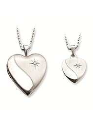 Just Like Mommy Collection Sterling Silver Polished & Satin Finish 0.01 ct Solitaire Diamond Heart Locket Pendant Necklace Set with 14" & 18" Box Chain