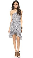 Polyester Asymmetric  Wrap Beaded Halter Elasticized   Waistline  Dress With Ruffles