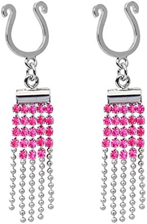 Pair of Fake Pink many shower gems dangle Nipple Jewelry Adjustable Non piercing Clip on shield ring rings