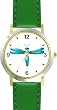 Teal or Indigo Dragonfly or Dragon Fly - JP - WATCHBUDDY&reg; DELUXE TWO-TONE THEME WATCH - Arabic Numbers - Green Leather Strap-Size-Women's Size-Small
