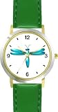 Teal or Indigo Dragonfly or Dragon Fly - JP - WATCHBUDDY&reg; DELUXE TWO-TONE THEME WATCH - Arabic Numbers - Green Leather Strap-Size-Women's Size-Small