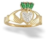 14K Yellow Gold Genuine Marquise Emerald and Diamond Celtic Claddagh Ring