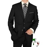Gino Valentino Peak Lapel Ticket Pocket Suit Made in Italy Wool / Silk Mens Suit 150's Hand Made Two Button Canvas Front Jacket Modern Flat Front Low Rise Pants Custom Working Buttonholes Business Suit Jet Black