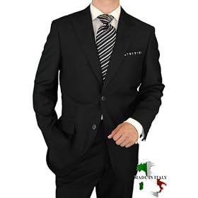 Gino Valentino Peak Lapel Ticket Pocket Suit Made in Italy Wool / Silk Mens Suit 150's Hand Made Two Button Canvas Front Jacket Modern Flat Front Low Rise Pants Custom Working Buttonholes Business Suit Jet Black