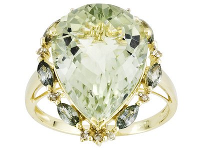 10KT 8.00CT CRISS CROSS PRASIOLITE AND .56CTW HEATED GREEN SAPPHIRE WITH DIAMOND ACCENT RING