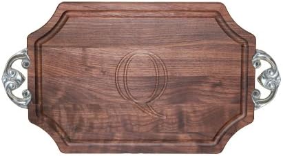 CHUBBCO W300-CL-Q Bar/Cheese Board with Classic Cast Aluminum Handle with Scalloped Corners, 9-Inch by 12-Inch by 0.75-Inch, Monogrammed "Q", Walnut