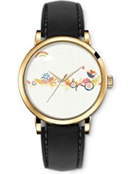 SPRAWL Aanalog Fashion Series Gold Ladies Watches of Genuine Black Leather Strap,Unique Wrist Watch for Women Girls Designed with Flowers of different colors