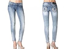 Hot Sale Miss Me Jeans Women Ankle Skinny Jeans Crystal Leather Angel Wing Flap Pockets Stretch in Light Blue Wash