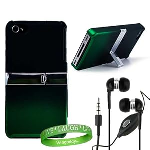 Innovative Kick Stand iPhone 4 Accessories Kit: Black & Emerald Green Snap On Protective Case with Durable Kick Stand + Black iPhone 4 earphones with microphone + Live * Laugh * Love Wrist Band!!!