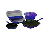 Review Le Creuset  / Le Creuset 5 piece cookware set Blue - 20cm round casserole, 26cm square grill, 20cm omelette pan, 25cm cast iron square roasting dish, 32cm rectangular stoneware oven dish