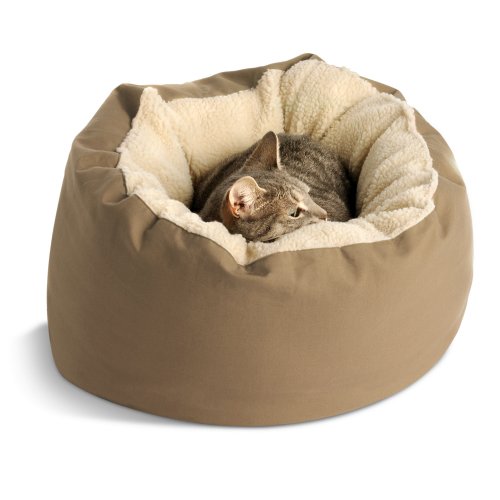 Dog Gone Round Smart Cat Bed with Sherpa Ecru Piping, Khaki