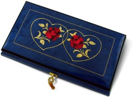 Vibrant Royal Blue Double Red Rose and Heart Musical Jewelry Box with 18 Note Tune-My Kind of Women, My Kind of Man - SWISS