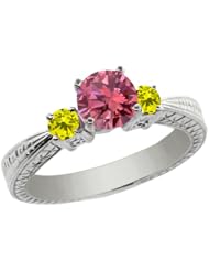 0.99 Ct Round Pink and Canary Diamond 14K White Gold 3-Stone Ring