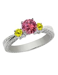 0.99 Ct Round Pink and Canary Diamond 925 Sterling Silver 3-Stone Ring