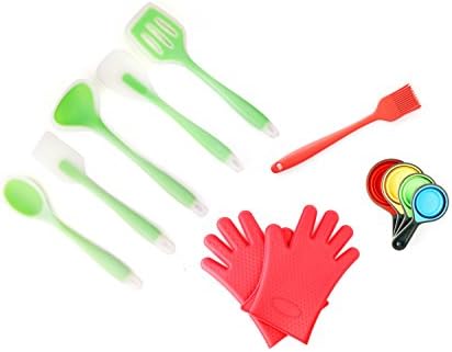 The Kitchen Shack Silicone Cooking Set, 16-Piece Bundle:Oven Mitts, Spatula, Slotted Turner, Spoonula, Baster, Collapsible Measuring Cups &amp; Measuring Spoons - Heat Resistant, Non Stick Silicone