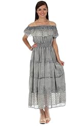 Shirred Embroidered  Sheer Tiered Crepe/Rayon Off the Shoulder Peasant Dress  With Ruffles