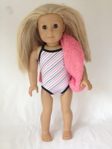 1pc Pink Striped Black Trim Swimsuit & towel for 18 inch dolls like American Girl - made in the USA!