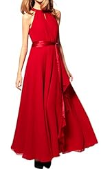 Chiffon Summer Halter Sleeveless Pleated Evening Dress/Wedding Party Dress/Maxi Dress  With a Ribbon 