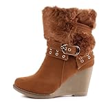 Damen Schuhe, STIEFELETTEN, WARM GEFÜTTERT MIT KUNST FELL, 6414-KA, Synthetik in hochwertiger Velour Leder Optik, Camel, Gr 39