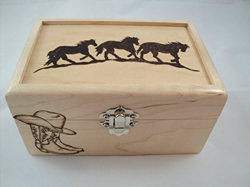 Solid Maple Wood Woodburned Cowboy Boots and Horses Western Themed Jewelry or Keepsake Box
