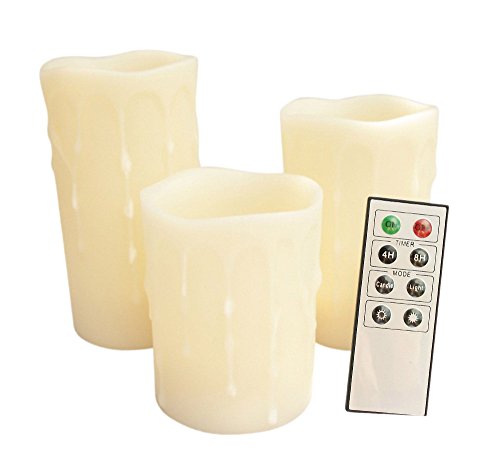 EcoGecko Unilution Wax Drip Effect Flameless Pillar Candles with Remote, Ivory, Set of 3