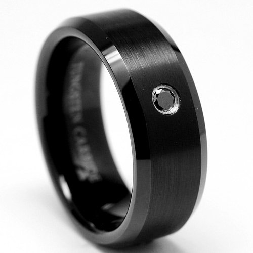 8MM Men's Black Tungsten Carbide Ring W/ BLACK DIAMOND Wedding Bands Sizes 7 to 12