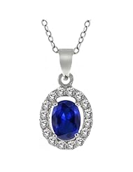 2.00 Ct Oval 8X6mm Created Sapphire & CZ Sterling Silver Pendant With 18" Chain