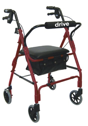 Drive Medical Lever Brake 4 Wheel Aluminum Rollator with Various Seating Options, Red