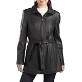 BGSD Women's Belted New Zealand Lambskin Leather Swing Coat in Black or Brown - Misses & Petite