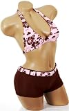 Cute Swimwear Sexy Brown and Pink Hawaiian Surf Boyshorts 2 Piece Halter Bikini Swimsuit