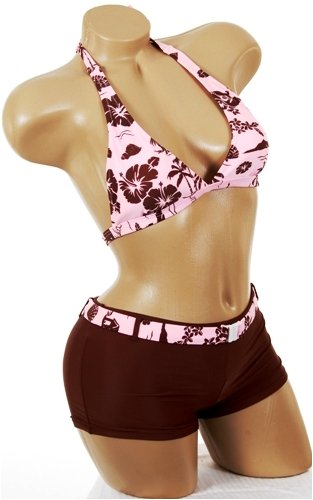 Buy Cute Swimwear Sexy Brown and Pink Hawaiian Surf Boyshorts 2 Piece Halter Bikini Swimsuit