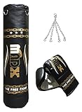MADX 3 Piece Black and Golden 5ft Boxing Set Filled Heavy Punch Bag Gloves,Chain,Kickbag