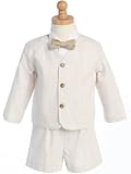 Boys Easter 4 - Piece Striped Seersucker Eton Suit in Khaki With A Lined Eton Jacket, Elastic Waist Shorts, Short Sleeve Eton Shirt and Bow Tie