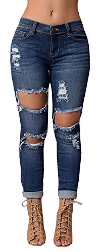 Ermonn Women's Ripped Washed Boyfriend Denim Trousers Jeans