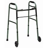 Duro-Med 2-Button Adjustable Aluminum Folding Walker with 5 Inch Wheels, Silver