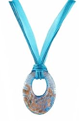 Necklace - N117 - Murano Style Glass - Open Oval Shape ~ Aqua, Copper and Silver hung on 5 Strand Organza and Cotton Cord + 2" Extension Chain