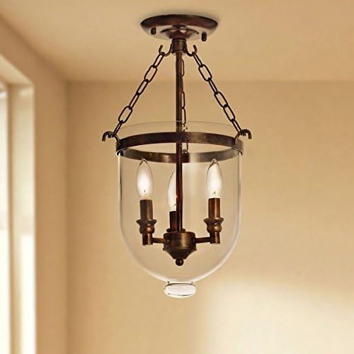 Antique Copper Glass Candelabra 3 Lights Lantern Flush Mount Chandelier