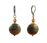 Earrings - E311 - Striped Round Disk with Swarovski (tm) Crystal Beads
