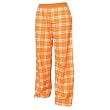 Orange and White tartan plaid check flannel cotton pants for lounging, sleep, sports. Unisex relaxed fit, exposed elastic waist