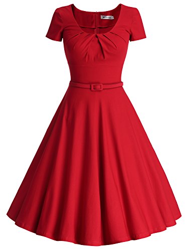 MUXXN Women's 1950s Vintage Short Sleeve Pleated Swing Cocktail Dress
