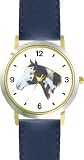 Dark Brown and White Paint or Pinto Horse - JP - Horse - WATCHBUDDY® DELUXE TWO-TONE THEME WATCH - Arabic Numbers - Blue Leather Strap-Women's Size-Small