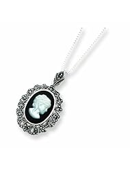 Sterling Silver Marcasite, Onyx & Mother of Pearl Cameo Necklace"
