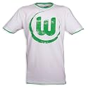 NEU Original VfL Wolfsburg - BASIC Herren T-Shirt, wei&szlig; mit gr&uuml;nem Kragen und Layering-Effekt und Logo-Flock-Print