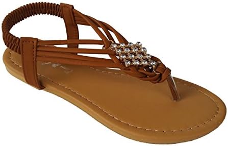 Elegant Women's Fashion Camel Color Gladiator Thong Flat Cute Sandals With Rhinestones Camel 9 , M US